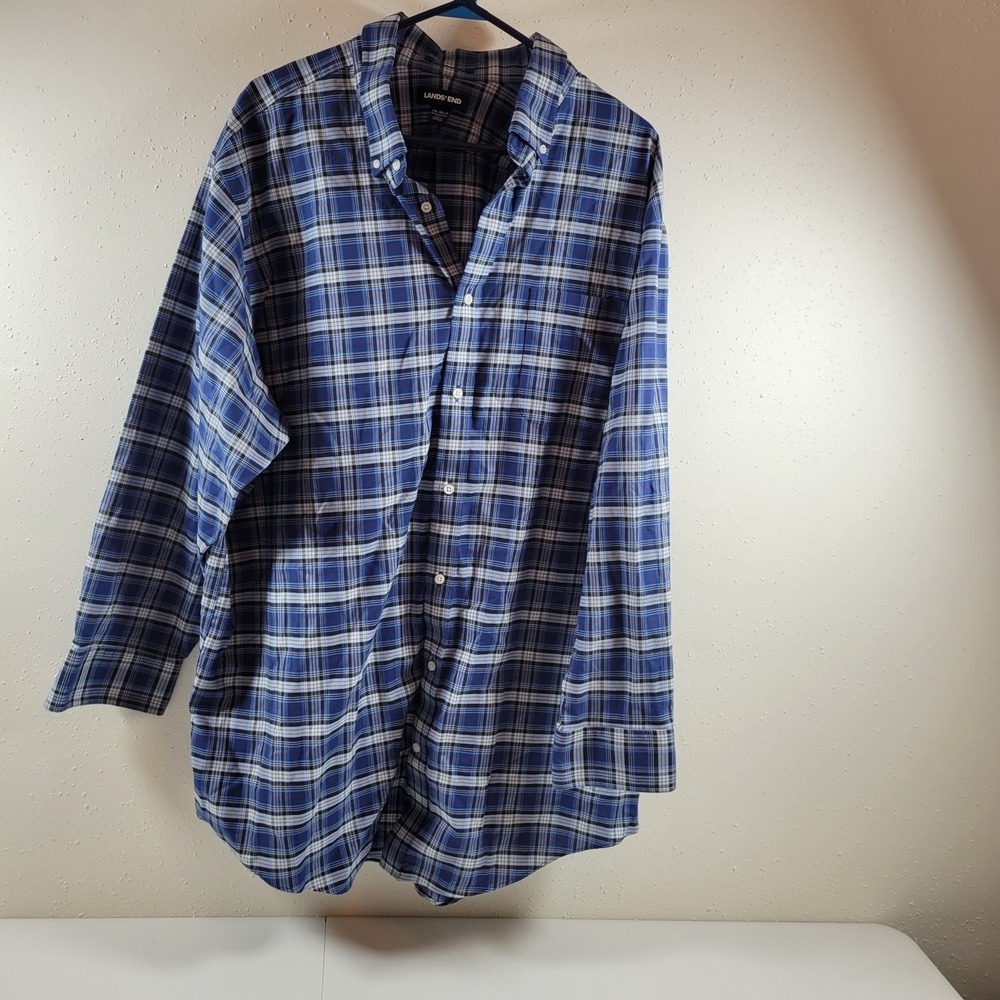 Land's End Men's Supima No Iron Oxford Traditional Fit Size 19-35T Blue Checkers